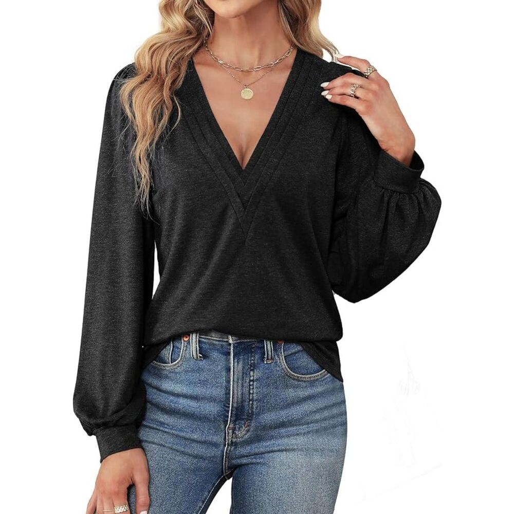 Agnes Urban Black Loose V Neck Puff Long Sleeve Sz XL